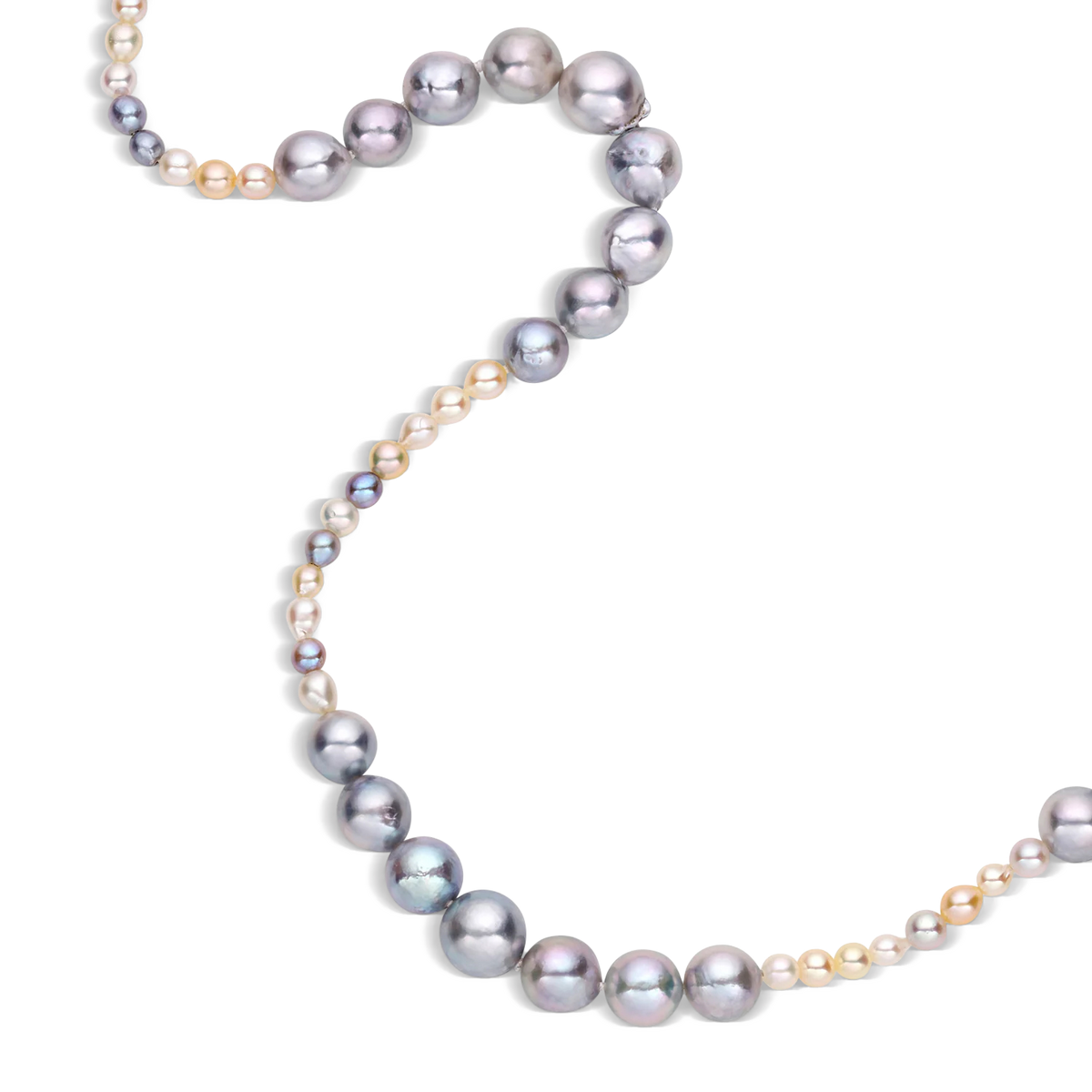 Semi-baroque blue and baby multi-colored Akoya pearls combine in this softly luminous pearl strand fastened with a gold and platinum variation of our signature granulated toggle clasp. Length 34 inches.

Made with recycled 22k yellow gold and platinum, 3.8mm multi-colored and 6-8.5mm blue cultured Japanese Akoya pearls. Knotted on silk.