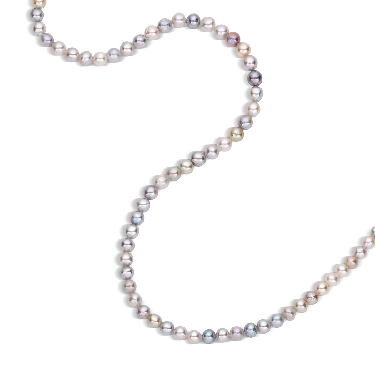 Multi-colored baby Akoya pearls with a slight graduation combine in this dainty layering strand fastened with our signature granulated Shepherd's hook clasp. This is our most popular necklace. Length 19 inches. If you would like a different length, please contact us at concierge@atelierwolff.com and we would love to make your strand up for you. Made with recycled 22k yellow gold and 3-4.5mm cultured Japanese Akoya pearls. Knotted on silk.