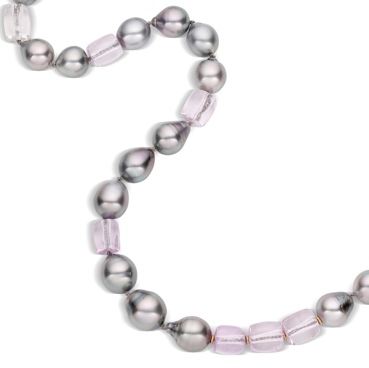Glossy dark dove gray pear-shaped Tahitian pearls with the palest pink overtones are interspersed with natural Kunzite beads in lemon and pink and fastened with a gold and platinum variation of our signature granulated clasp. 

Length 26 inches.

Made with recycled 22k yellow gold and platinum, 9-10mm cultured gray Tahitian pearls and natural Kunzite (18.17ct). Knotted on silk.