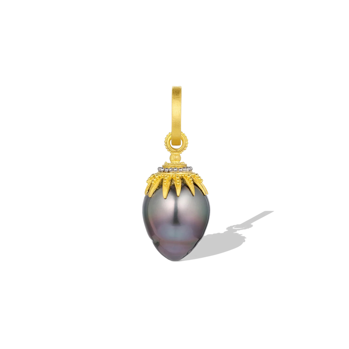 One-of-a-kind oversize teardrop Tahitian black pearl with our signature gold and platinum granulation. Ther are 3 versions of Spiders, these very decorative charms have a combination of buttery gold and polished platinum granules for a modern look, perfect for everyday wear. The points on the domed star cap give the appearance of spidery "legs", decorated with tiny gold granules. A 20k gold clasp is included. L 35.7mm x W 13.7 mm (L 1.4in W .5in). 