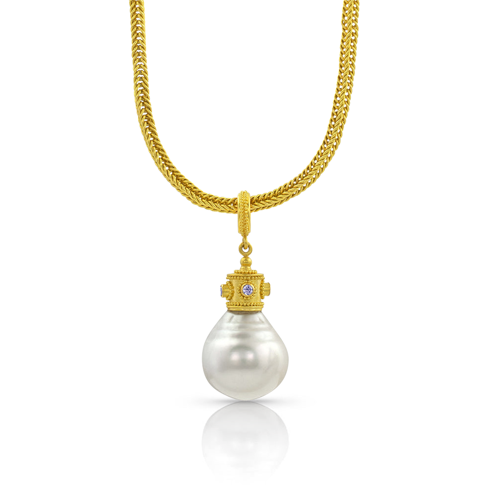 Byzantine Crown pearl charm shown on a handwoven gold chain.
