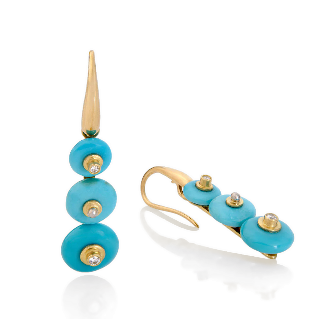 This beautiful turquoise makes a timeless and versatile pair of drop earrings. Three turquoise rondelles swing gently from each sleek gold Shepherd's hook ear wire. Diamonds and polished platinum twinkle discreetly from the rondelles, making them perfect for everyday wear. Wear with summer shorts and linen shirt, crisp button down, sweater, maxi or favorite dress. Made from recycled 18k gold and platinum, Sleeping Beauty turquoise (9.45ctw) and Canadian diamonds (VS, F-G .09ctw). Length approx 1.4in W .4in.