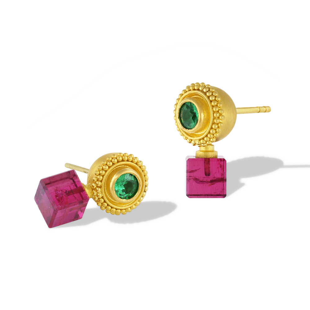 Cubus Spheres with Zambian emeralds and Brazilian rubellite tourmaline.