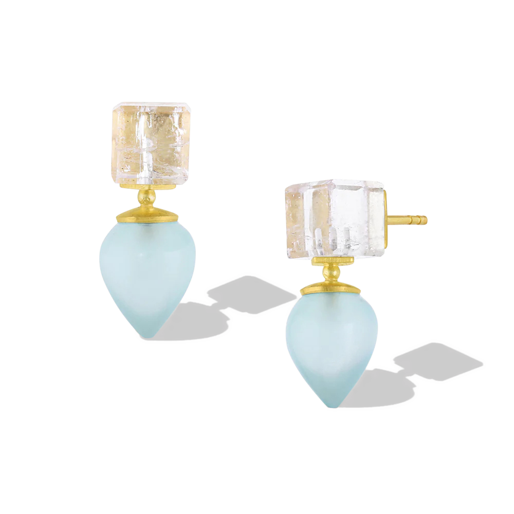 Palest, palest, pastel pink and green mismatched Afghani tourmaline custom cut cubes - we know, because we chose the rough crystal - provide a delicate complement to the soft green tones of the agate drops. The buttery golden tones of the 22k yellow gold give a patina from antiquity to these unique stud style earrings. Length approximately 21.8mm W 9.2mm (L .8in W .4in).

Made in recycled 22k yellow gold, Afghani tourmaline (11.38ctw) and green agate (11.73ctw).

One-of-a-kind.