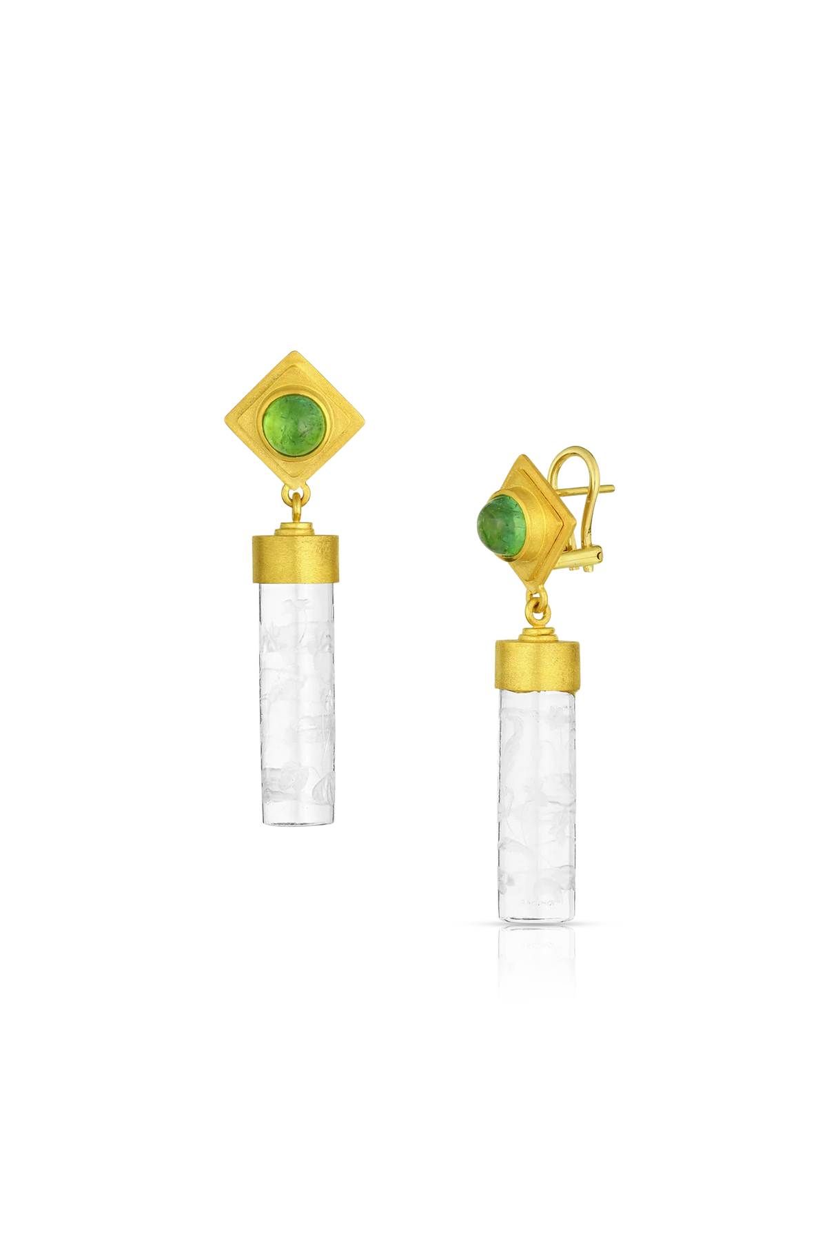 One-of-a-kind gold and carved rock crystal and spring green tourmaline cylinder seal style earrings with post and clip back. Inspired by ancient cylinder seals from Mesopotamia and the "marginalia" or decorative drawings found in the margins around the bodies of text on the pages of medieval illuminated manuscripts held in the Getty Museum. Handmade in recycled 22k yellow gold, tourmaline (2.69ctw) and Brazilian rock crystal.