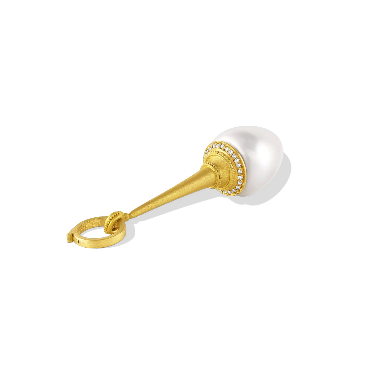 A lustrous triangular drop shaped white South Sea Pearl is capped with the soft buttery tones of a golden loupe decorated with granulation and a sparkle of pavé set diamonds. A 20k gold clasp is included. Length approximately 6.5cm, width 1.5cm (L 2.5in W .6in).

Made from recycled 22k and 20k gold, diamonds (VS, G .13ctw) and a 15mm Australian Paspaley South Sea pearl. The chain is available separately.