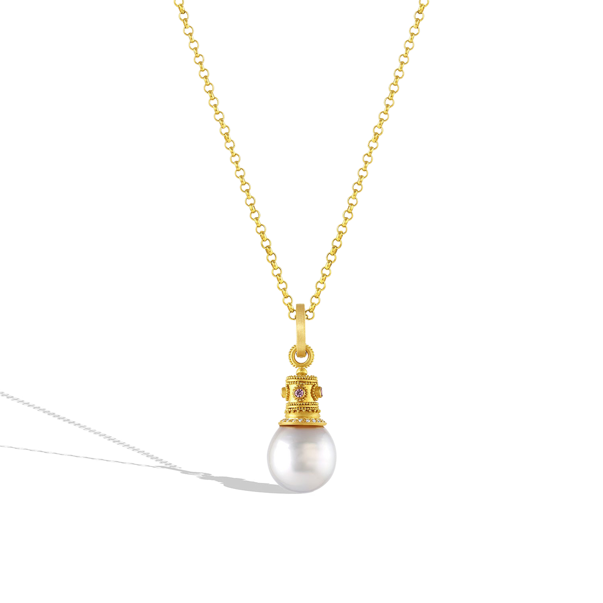 Diamond Byzantine Crown South Sea pearl charm shown on a gold chain.
