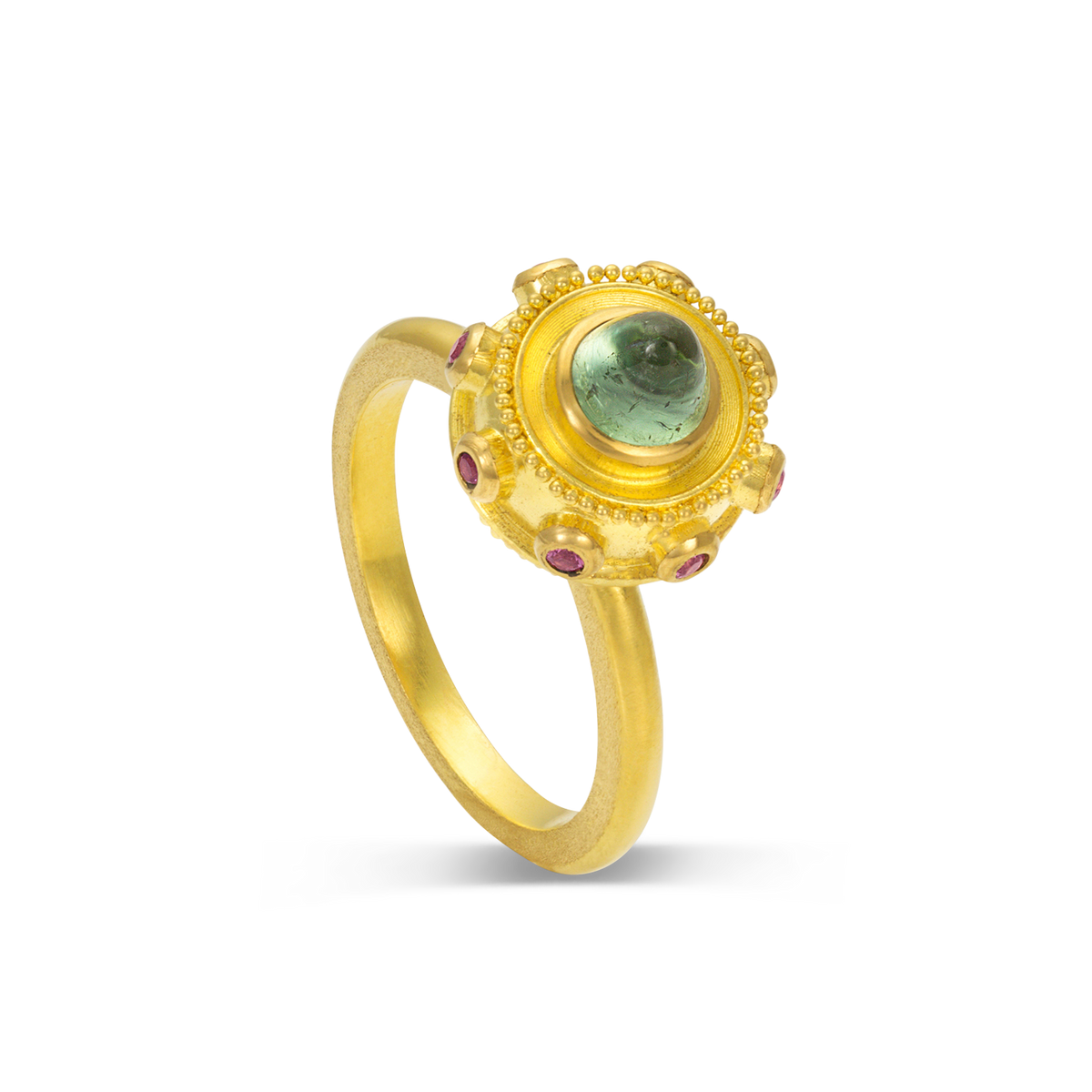 Reminiscent of a bejeweled Orb, instead of a customary cross mounted top it, this one has a mysterious seafoam blue green tourmaline cut in a bullet style cabochon. A band of delicious purple grape garnets and golden balls of granulation surrounding it. Wear as a single ring or write your own hand story by mixing with your favorite stacking bands or other Orb rings. Made in recycled 22k yellow gold, a Mozambiquan tourmaline (.95ctw) and garnets from Orissa, India (.15ctw). Size 7. Made to order.