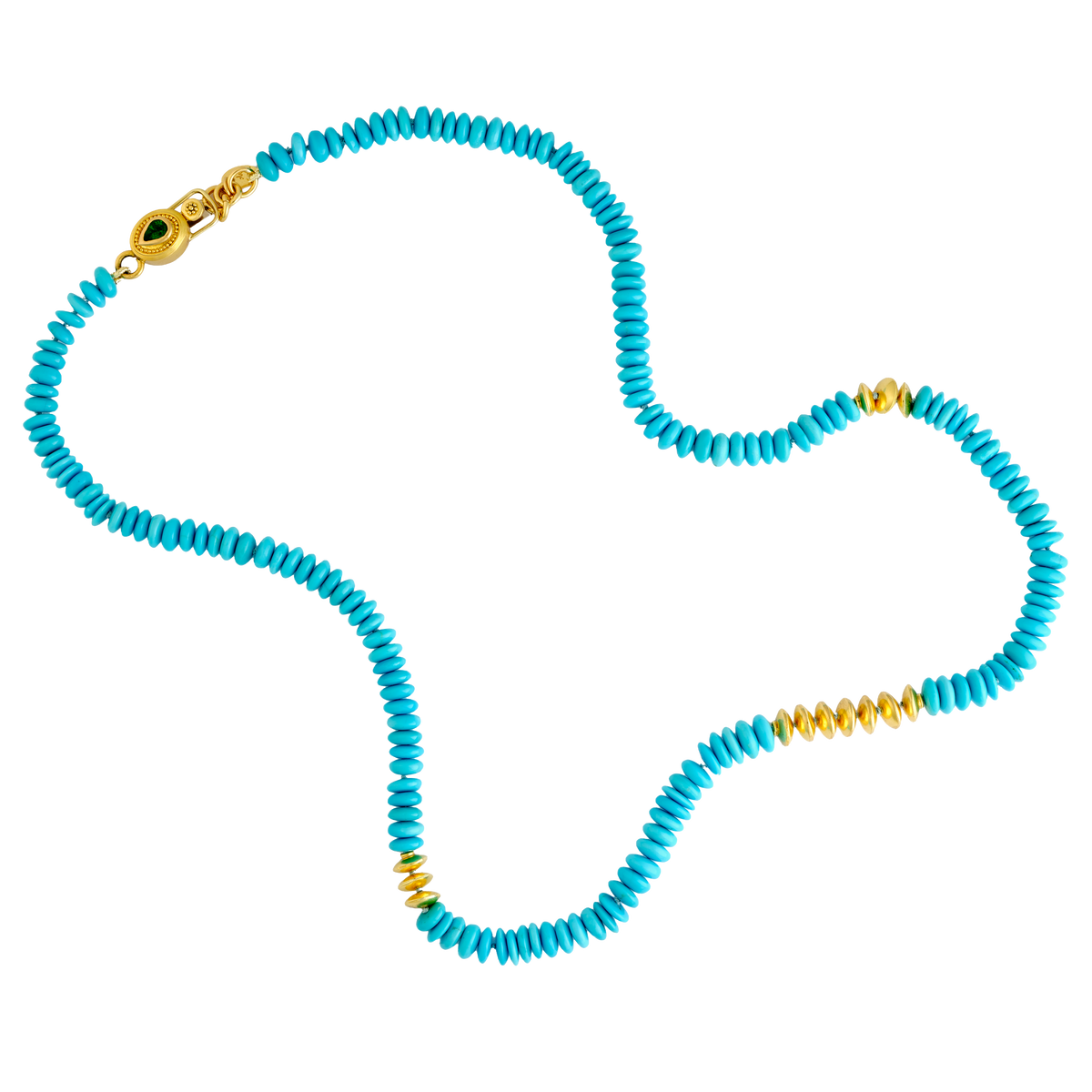 Robin's Egg blue Sleeping Beauty turquoise rondelles are spaced with Mesopotamian style gold disc beads. An oval granulated and emerald set clasp closes the strand. Length 18.5 inches.

Made from recycled 22k gold, Sleeping Beauty turquoise (96ctw) and Colombian emerald (.13ctw).
