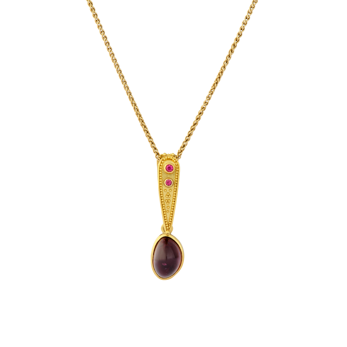 Lovely red spinel and buttery gold granulation give a long pointed "I", the bean shaped rhodolite garnet is almost soft to the fingertips and makes a supremely touchable "o".

Length approximately 31mm, width 8mm (L 1.2in W .3in)

Made from 22k gold, rhodolite garnet (4ctw) and Burmese spinel (.06ctw). The chain is available separately.

One-of-a-kind.