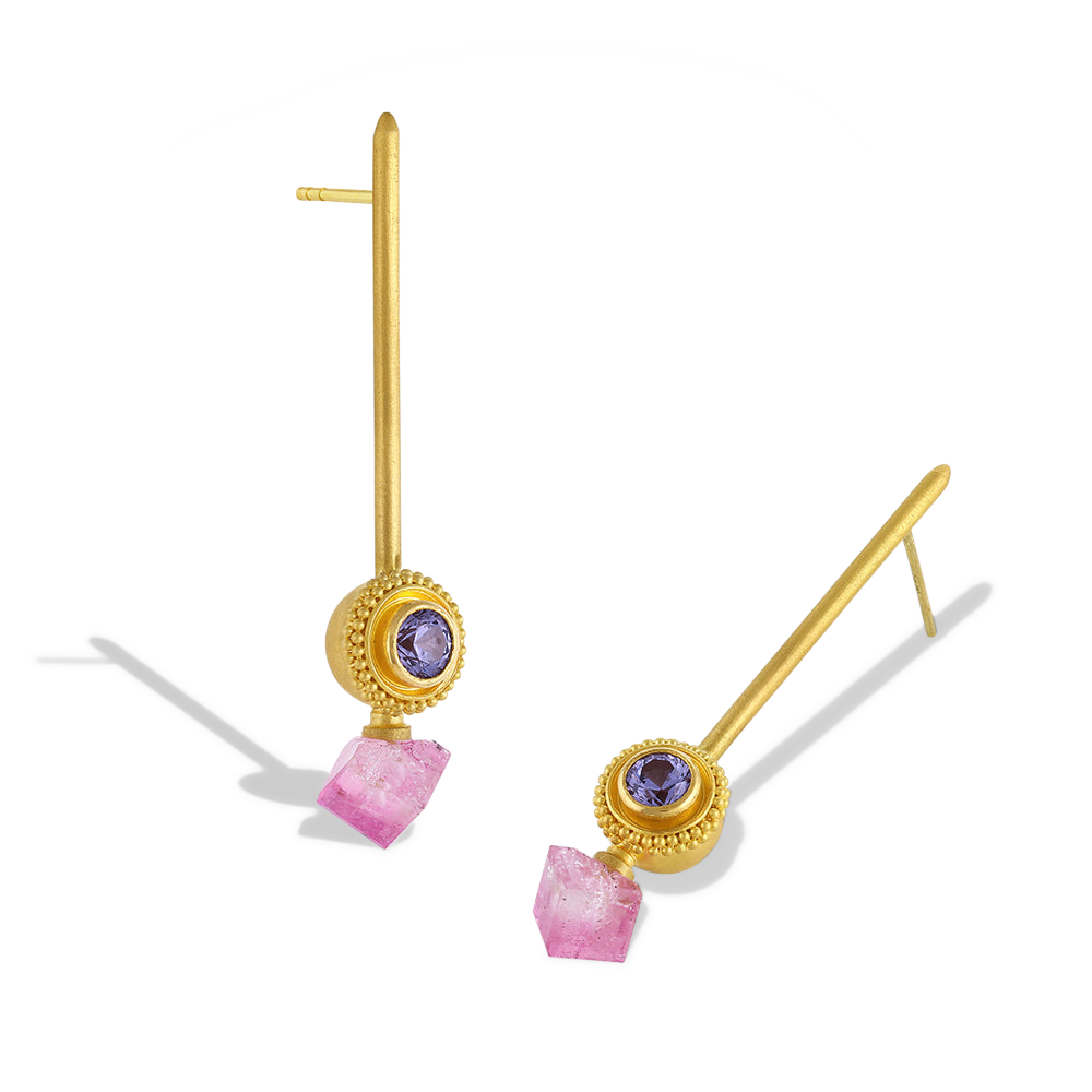 Golden spheres delicately edged with a ruff of granulation, set with glittering lavender spinel are the perfect foil for soft bi-color offset pink tourmaline cubes. Long, elegant brushed golden sticks allow the spheres and cubes to swing gently from the ear, making these earrings unique and striking. These are a one-of-a-kind piece.  Length approx. 45mm W 8.7mm (L 1.7in W .34). Made with recycled 22k yellow gold, bi-color tourmaline (4.57ctw), lavender spinel (.86ctw).