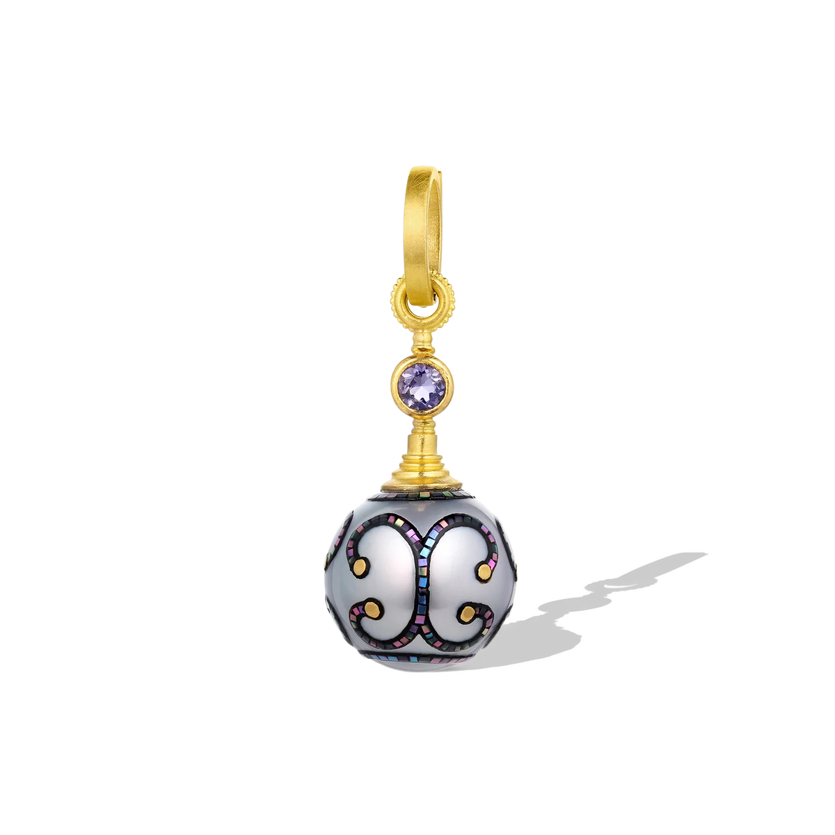 One-of-a-kind Maki-e pearl with a granulated and bejeweled cap inspired by the step pyramids of antiquity. A soft blue iolite (.22ct) compliments the abalone tiles that decorate the surface of this luminous silver 15.7mm Tahitian pearl. A 20k gold clasp is included. Length approximately 42.8mm W 15.9 mm (L 1.7in W .6in).

Made from recycled 22k yellow gold, responsibly sourced gemstones and a 15.7mm cultured Tahitian pearl. Please note that the chain is available separately.