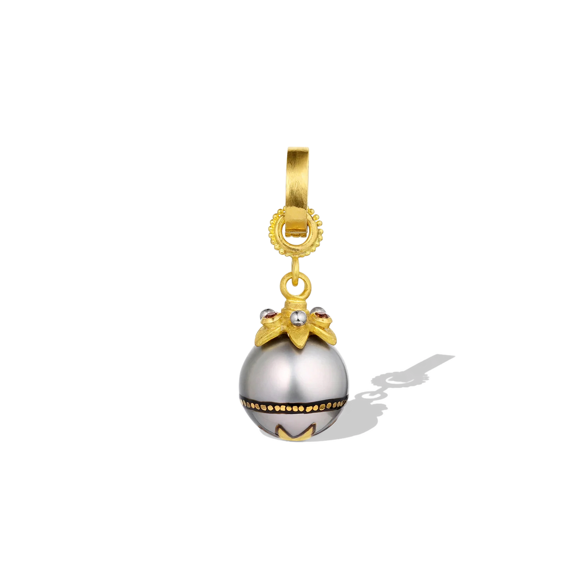 A delicate Maki-e pearl with a miniature bejeweled star cap. Rich, warm orange zircons complement the decorative 24 karat gold star painted on the lower half of the pearl, whilst the matte platinum granulation mirrors the soft silver tones in the pearl. A 20k gold clasp is included. L 27.5mm W 10 mm (L 1.1in W .4in).

Made from recycled 22k yellow gold, Nigerian zircons (.06ct) and a cultured 10.1mm Tahitian pearl. Please note that the chain is available separately.

One-of-a-kind.