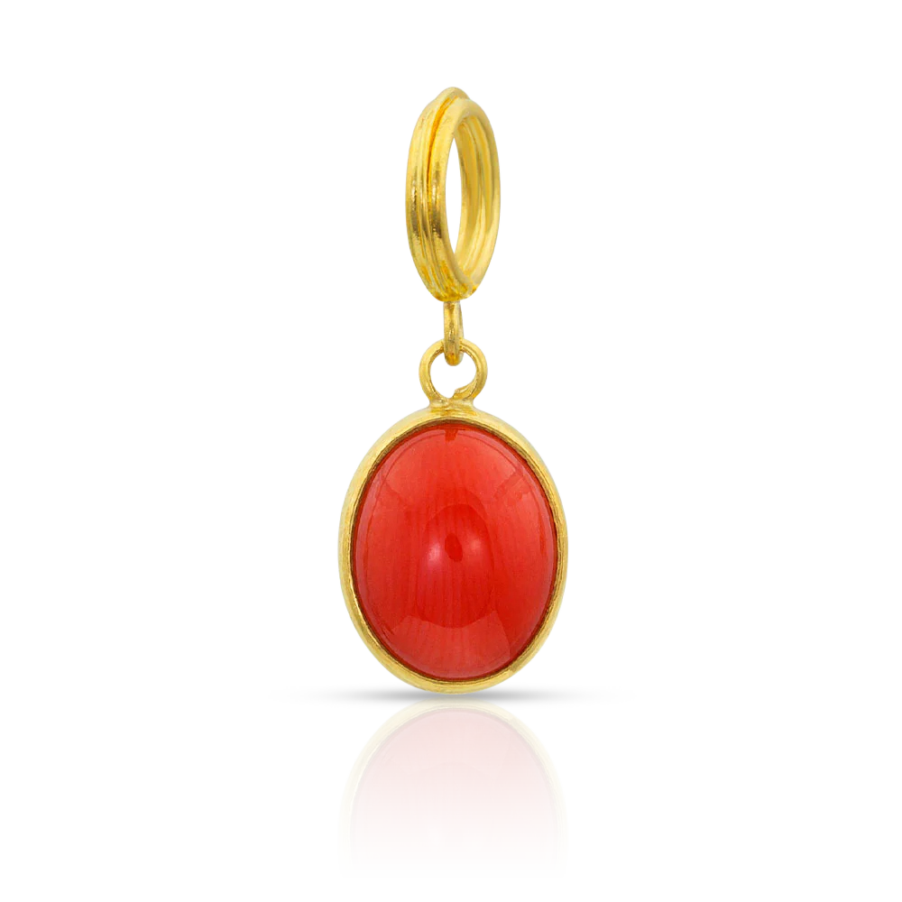 There are many myths associated with coral, the Romans believed it could protect children from harm, cure wounds made by snakes and scorpions and diagnose disease by changing color. In the Middle Ages in Italy, it was worm as a charm to protect from the evil eye. This red coral charm is encased in high karat gold, giving a richness and warmth to the cabochon. Wear as an everyday charm for whatever reason, it is a beautiful deep red. Handmade using recycled 22k gold and vintage repurposed red coral (2.27ct).