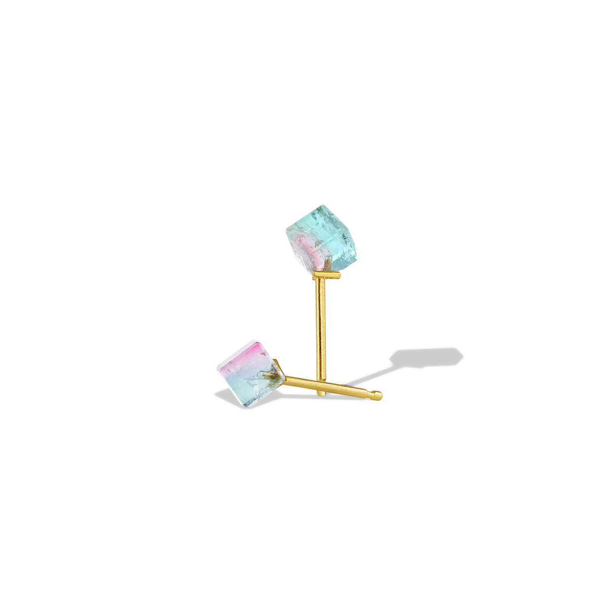Bicolor mint blue green and baby pink tourmaline Mini Cubus Studs.

Made with recycled 22k gold and bicolor tourmaline (2.66ctw).