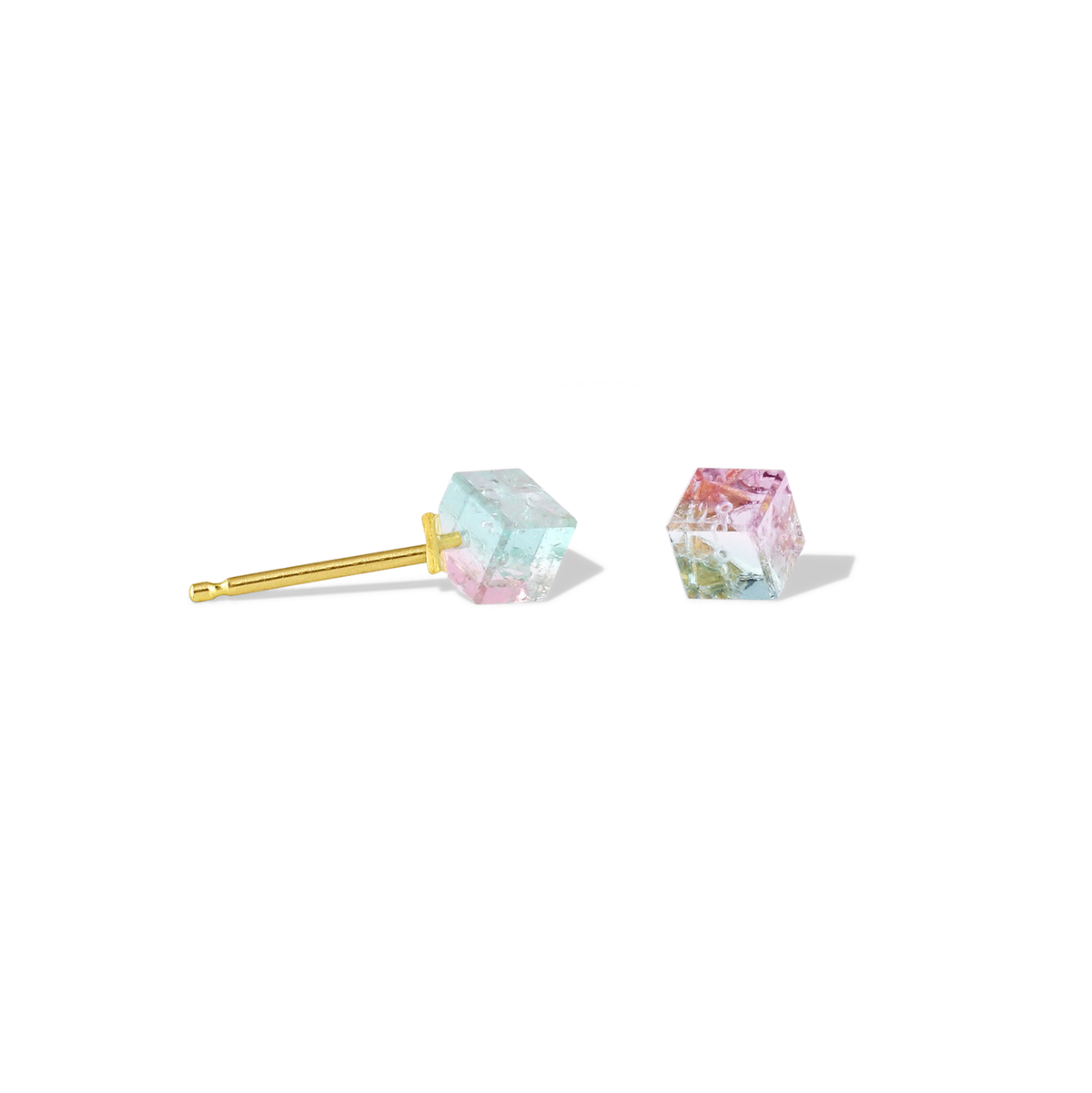 Additional view of the bicolor mint blue green and baby pink tourmaline Mini Cubus Studs.