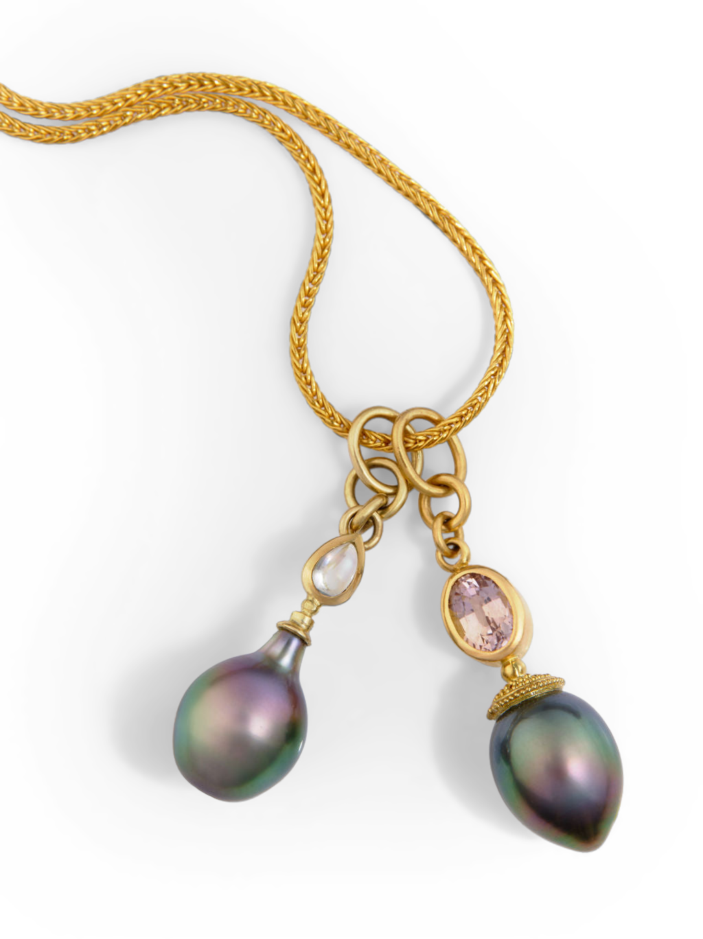 The Bronze Pearl charm on a handwoven chain with the Moonstone Perfumer's Flask charm.