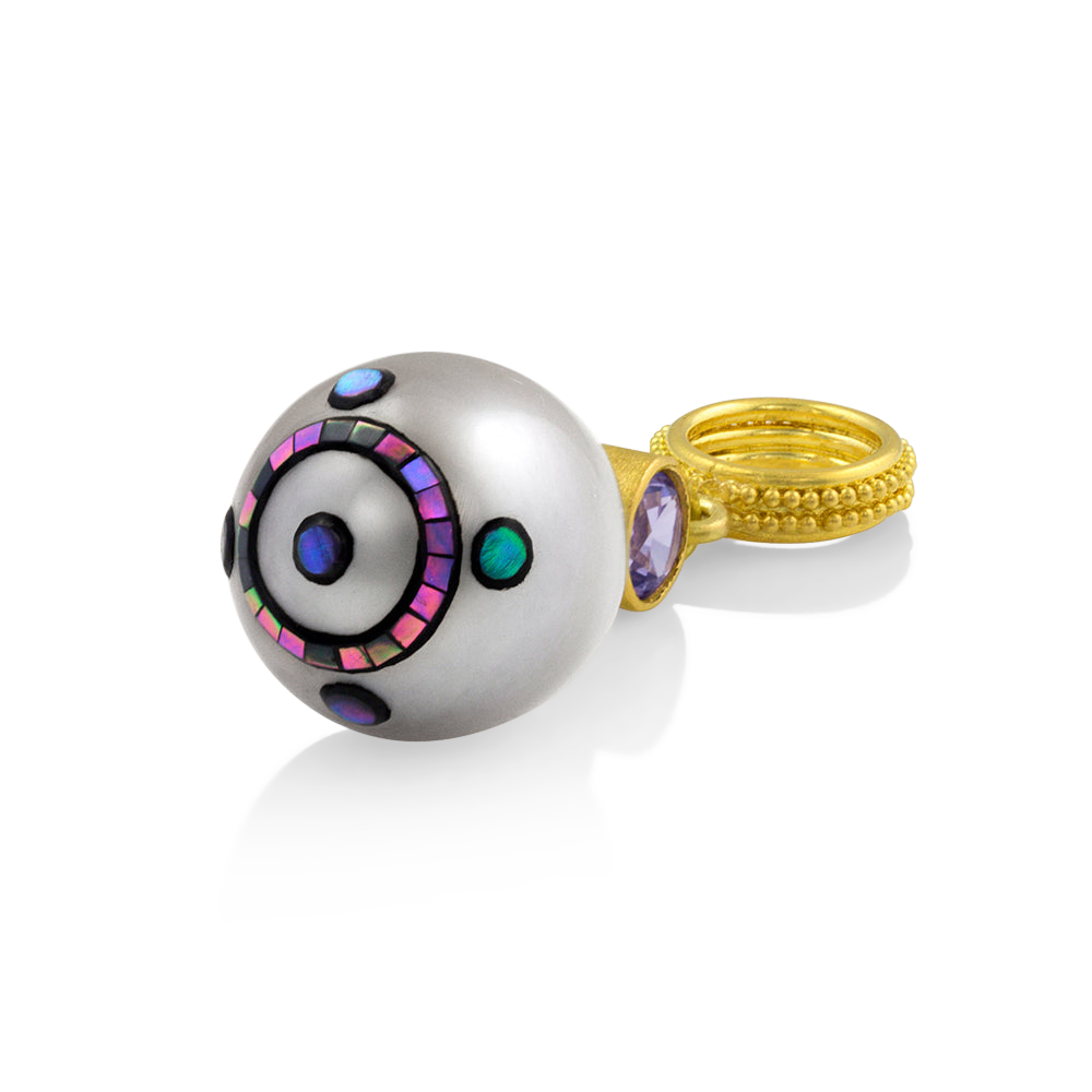 View of the Mosaic Pearl charm showing Maki-e decoration.