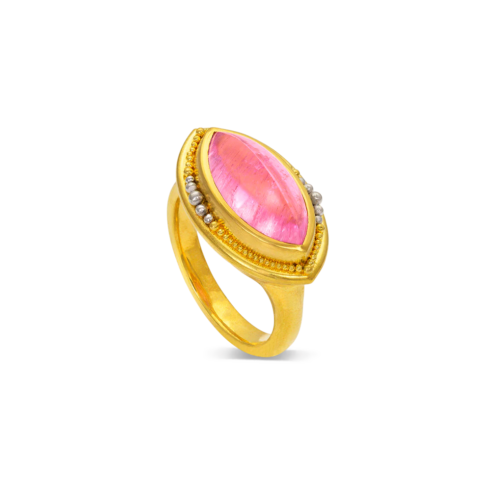 Lovely bubble gum pink marquise shape tourmaline (4.82ct) set in warm, buttery high karat gold and our signature graduated gold and platinum granulation.

Made in 22k yellow gold and platinum and a Nigerian tourmaline. Size 7. Can be resized. One-of-a-kind.