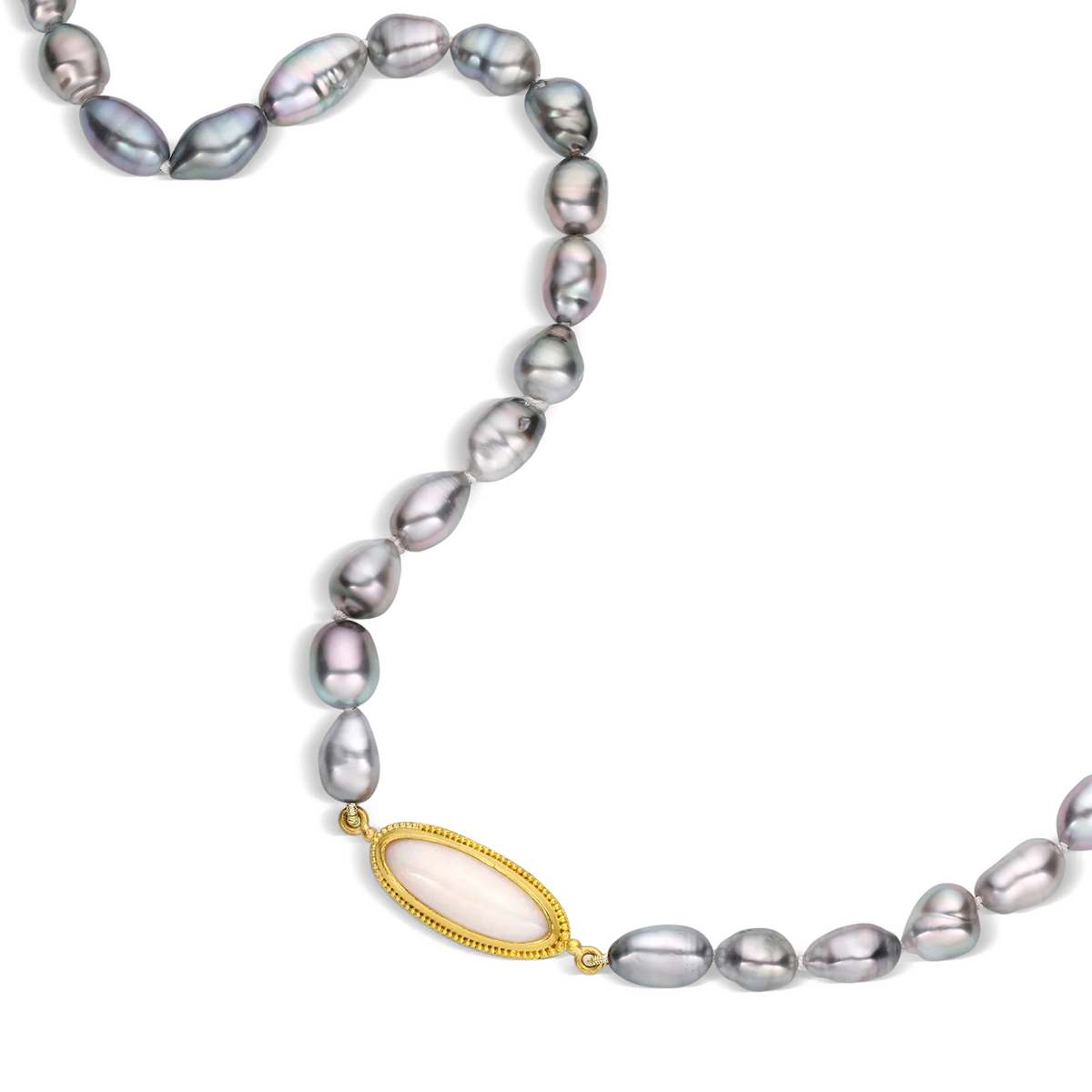Gorgeous oval shaped ombré Tahitian Keshi pearls graduating in color from silver through deep gray with pink overtones combine in this glossy pearl strand fastened with a granulated toggle clasp. A bezel set oval white Australian opal (2.55ct) with flashes of orange and green is offset in the strand giving a contemporary touch. Length 19.5 inches.

Made with recycled 22k yellow gold and 6-7mm Tahitian Keshi pearls. Knotted on silk.