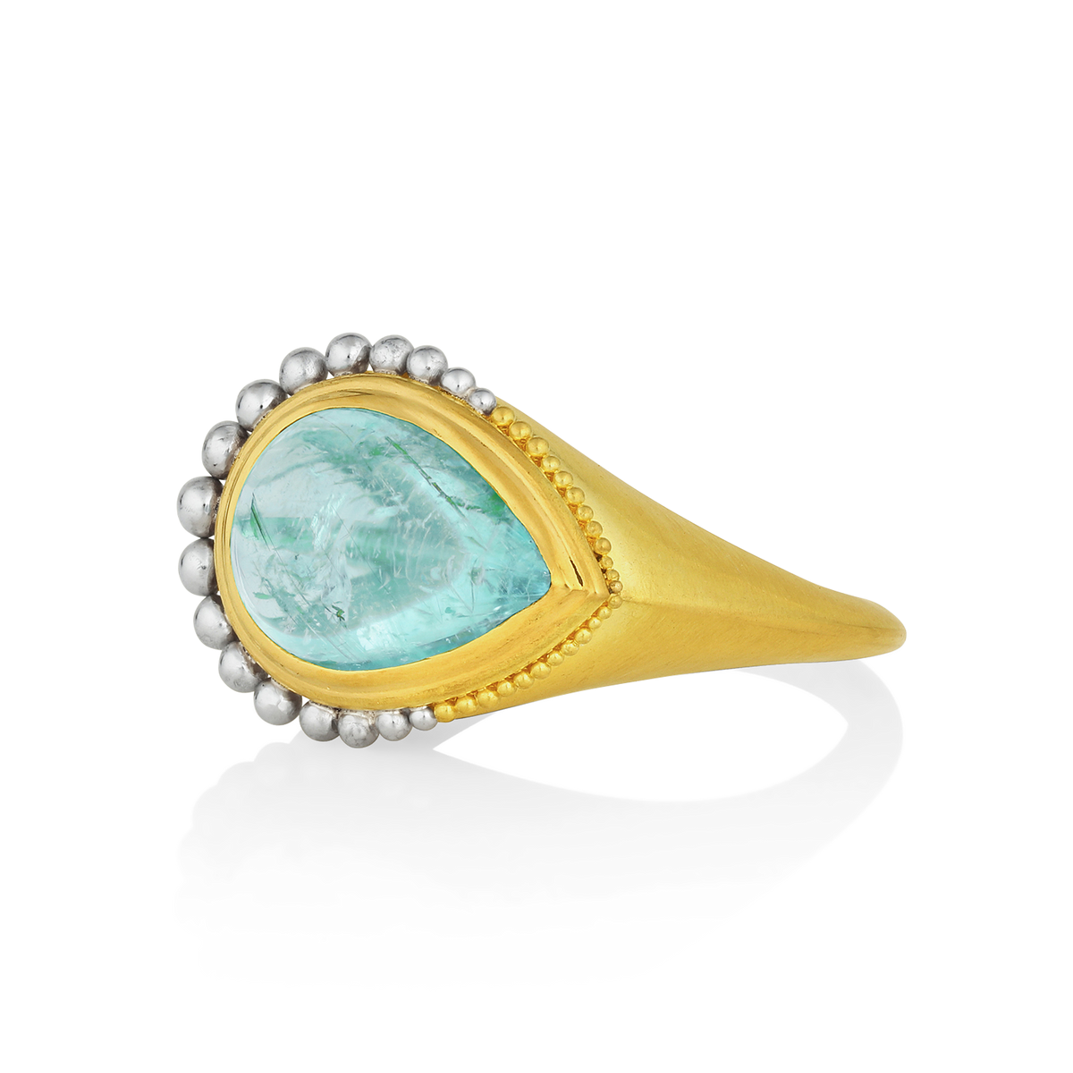 Angled side front view of the Paraiba tourmaline ring.