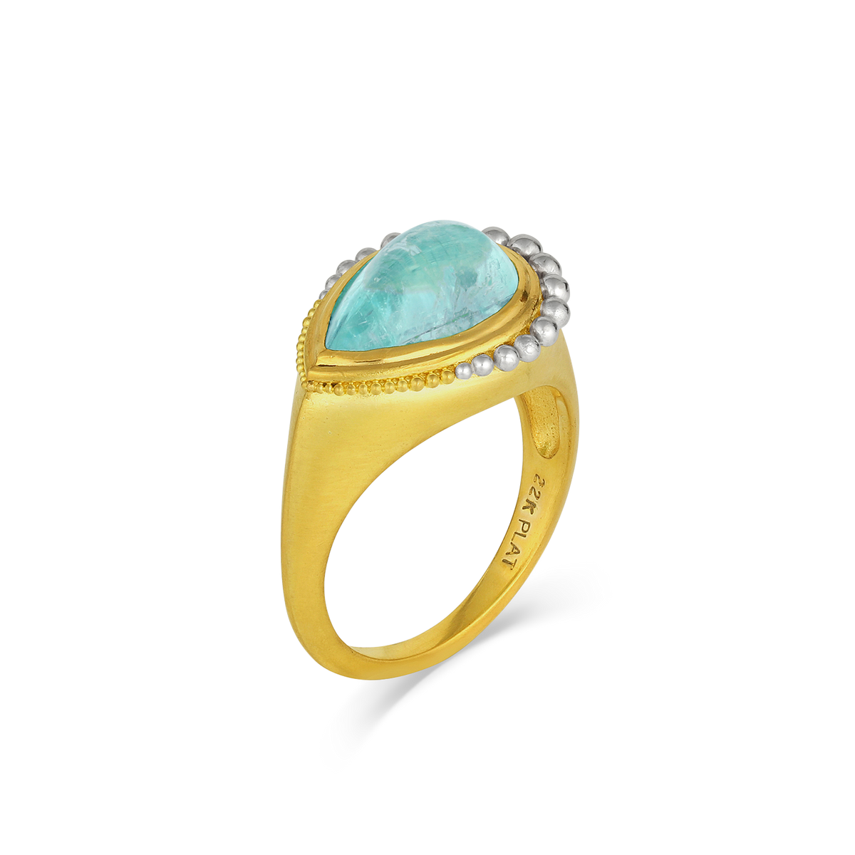Angled top view of the Paraiba tourmaline ring.