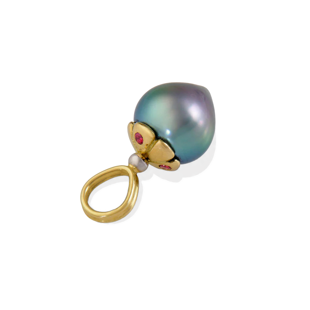 The daintiest of silver teardrops, gorgeous pink and blue overtones - this is a truly charming (no pun intended) pearl. A delicate polished golden flower cap holds hot pink spinel on alternating petals. It's versatile! Length approx. 20mm, width 9.5mm (L .8in W .4in). Made from recycled 18k gold, a 9.5x9.9mm cultured Tahitian pearl and Burmese spinel (.05ct). The chain is available separately.