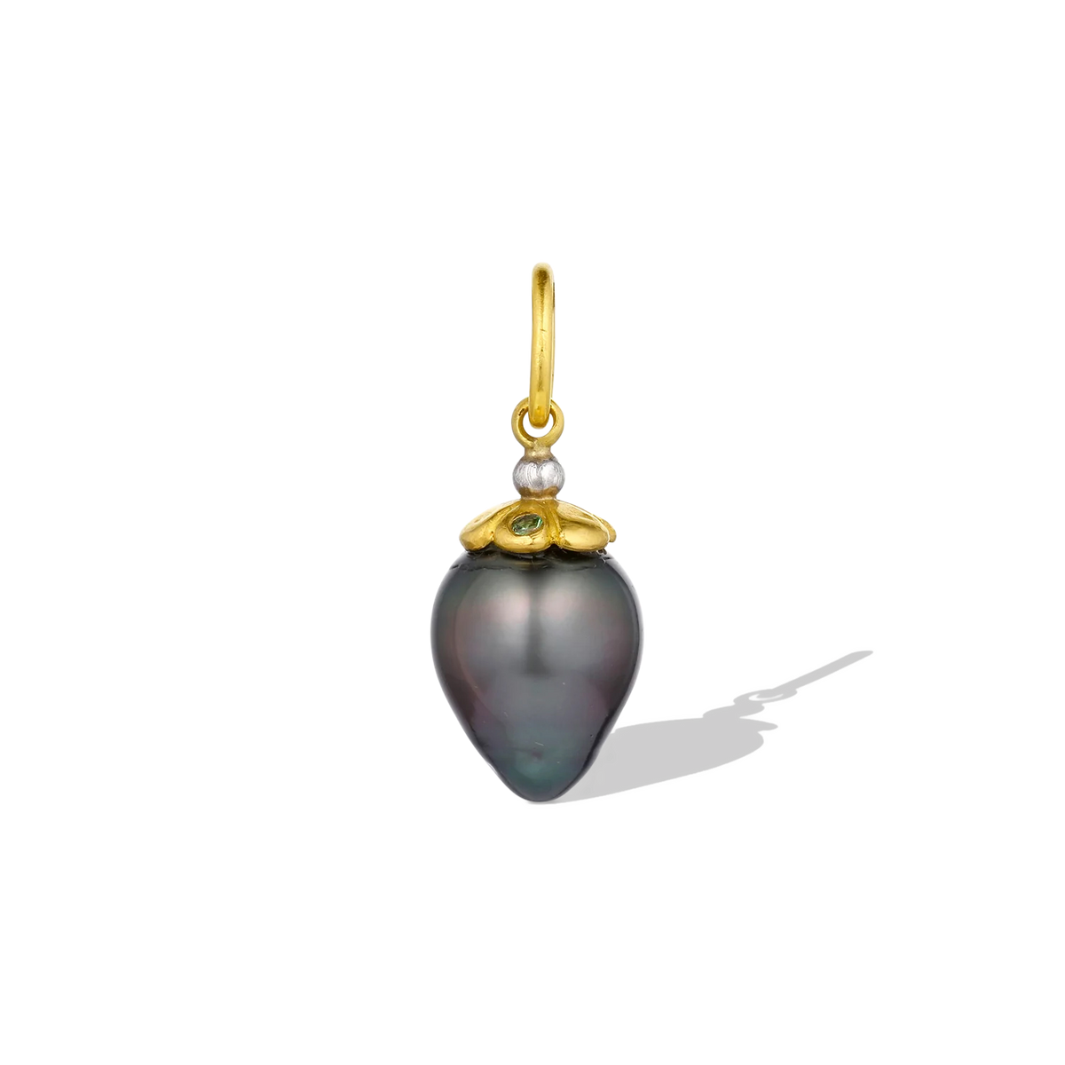 A dainty gold gem set daisy shaped cap sits atop a pear-shaped peacock Tahitian pearl. Sparkling diamond, green tsavorite and purple grape garnets alternate on the petals, complimenting the pearl's mysterious colors. A single, oversize, polished platinum granule holds the bail. Length approx. 24.9mm, width 9.9mm (L 1in W .4in). One-of-a-kind. Made from recycled 22k gold and platinum, a 9.9x11mm cultured Tahitian pearl, Canadian diamonds, Kenyan and Indian (Odisha) garnets (.05 total carat weight). 