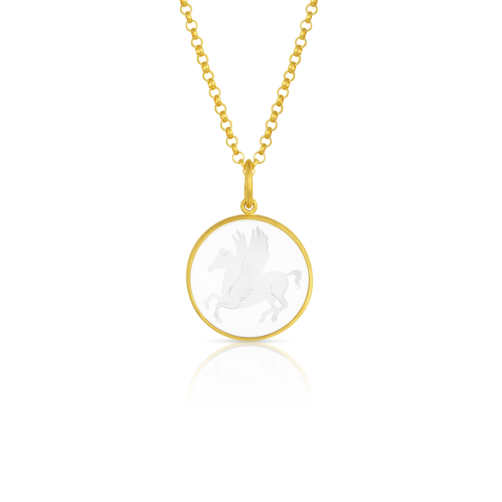 The Pegasus charm shown on a gold chain.