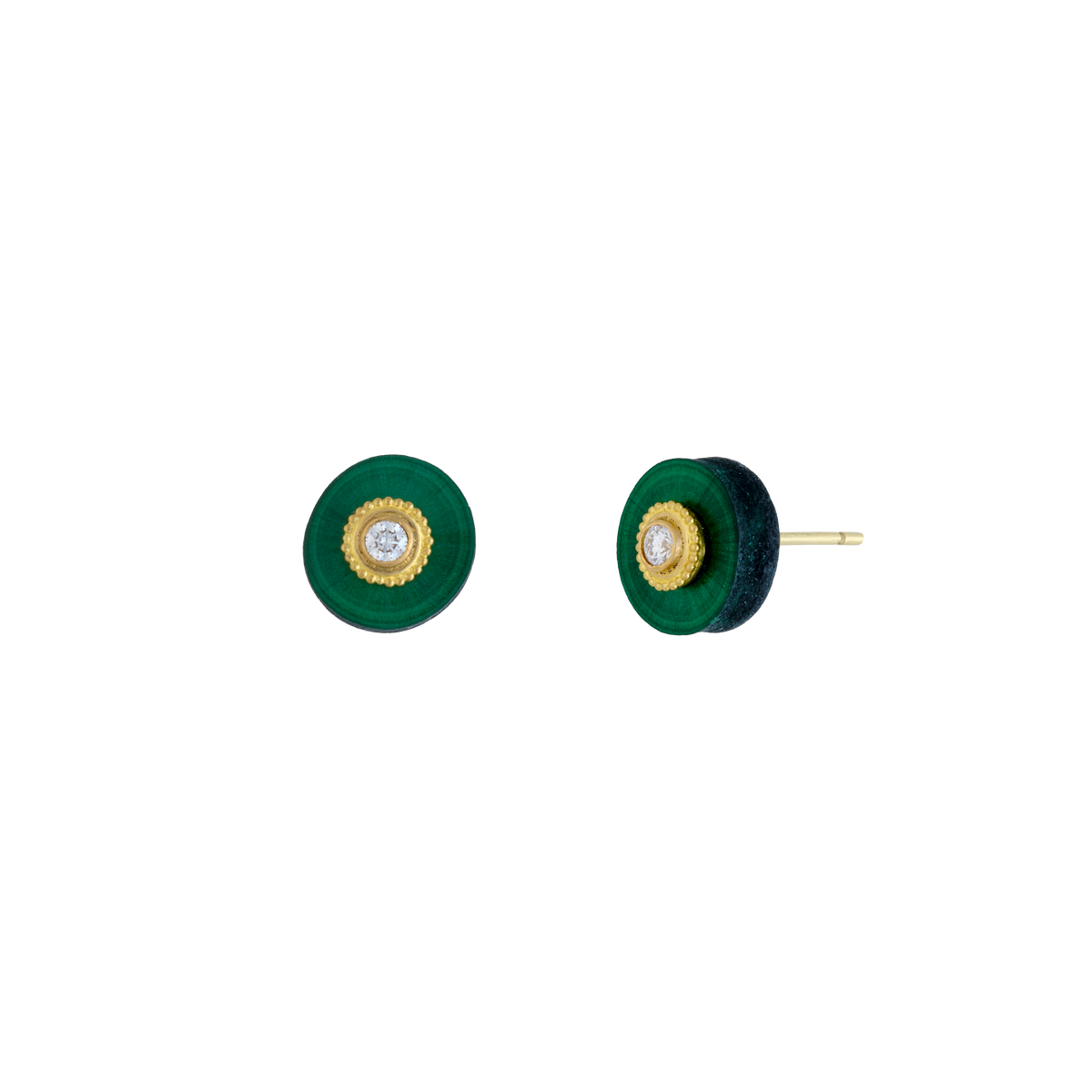 I have just two pairs of these stalactite slices and decided to set this pair with a discreet diamond sparkle encircled by granulation in warm high karat gold to highlight the green shimmer. These little color bursts are truly versatile; they go with everything and everyone. Length approximately 10mm, width 10mm (L .4in W .4in)

Made from recycled 18k and 22k yellow gold, malachite stalactites from Guandong, China (10.51ctw) and Canadian diamonds (VS G-H, .13ctw).

One-of-two-of-a-kind.