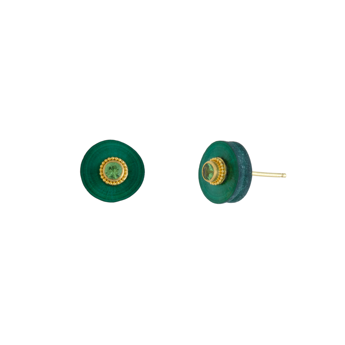 I have just two pairs of these stalactite slices and decided to set this pair with a discreet diamond sparkle encircled by granulation in warm high karat gold to highlight the green shimmer. These little color bursts are truly versatile; they go with everything and everyone. Length approximately 10mm, width 10mm (L .4in W .4in)

Made from recycled 18k and 22k yellow gold, malachite stalactites from Guandong, China (10.51ctw), .30ct Kenyan tsavorite garnet.

Two-of-two-of-a-kind.