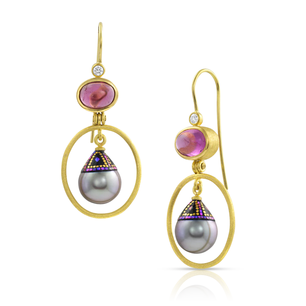 In these regal earrings, silver gray pearls have been decorated Maki-e style using abalone shell tiles and 24k gold paint. Rich pink cabochon tourmalines and sparkling diamonds give light and warmth to the silver and grays in the pearls. The gold has been given a soft, parchment-like texture making it feel almost velvety to the touch. French ear wires are in 8K gold.

One-of-a-kind.

Available exclusively on our website.