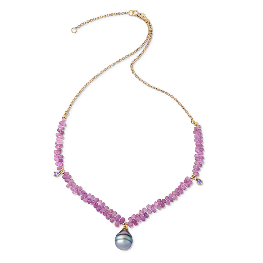 A striking one-of-a-kind chain composed of pastel pink sapphire briolettes accenting a rolo style chain. Soft lavender purple tanzanite stations and a silver pearl with pastel pink and blue overtones enhance the briolette's gentle graduation and evoke a delicate yet substantial necklace. Length 17 inches, adjustable to 19 inches.

Made with recycled 18k and 22k yellow gold, natural pink sapphire (40ct), tanzanite and a cultured 12.5x15.6mm Tahitian pearl. Strung on monofilament.