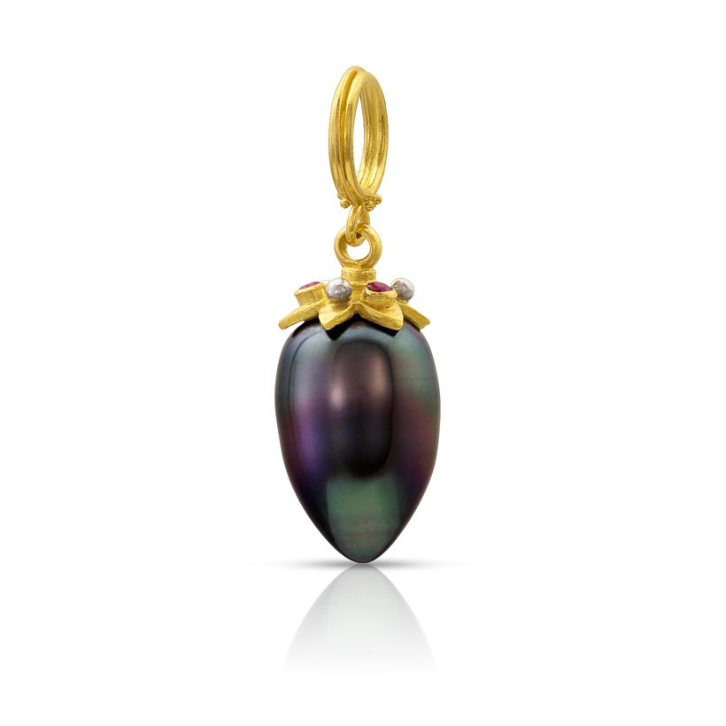 Beautiful, glossy semi–Baroque pointed drop Tahitian pearl with purple, green and brown tones. Topped by star caps in buttery 22k gold, with oversize platinum granules and deep pink spinels.

Handmade using recycled metals, Burmese spinel and cultured Tahitian pearls. Length approximately 27mm, width 10mm (L 1.1in W .4in).

One-of-a-kind.