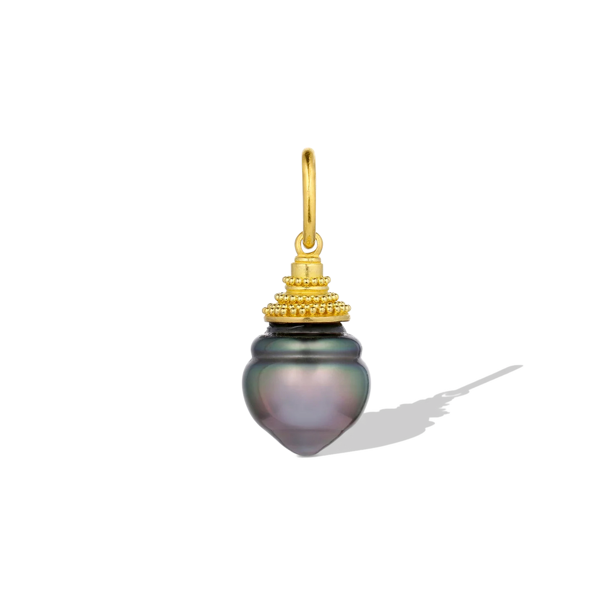 A one-of-a-kind, dainty metallic purple drop-shape circlé pearl. The pagoda style cap follows the circlé rings in the pearl, making the cap look like an extension of the pearl. Granulation gives volume and texture, enhancing the temple like feel. Wear every day, alone or nestled amongst your favorite chains and charms. Length approximately 23.8mm, width 9.9mm (L .9in W .4in).

Made from recycled 22k gold and a 9.9x11mm cultured Tahitian pearl. The chain is available separately.