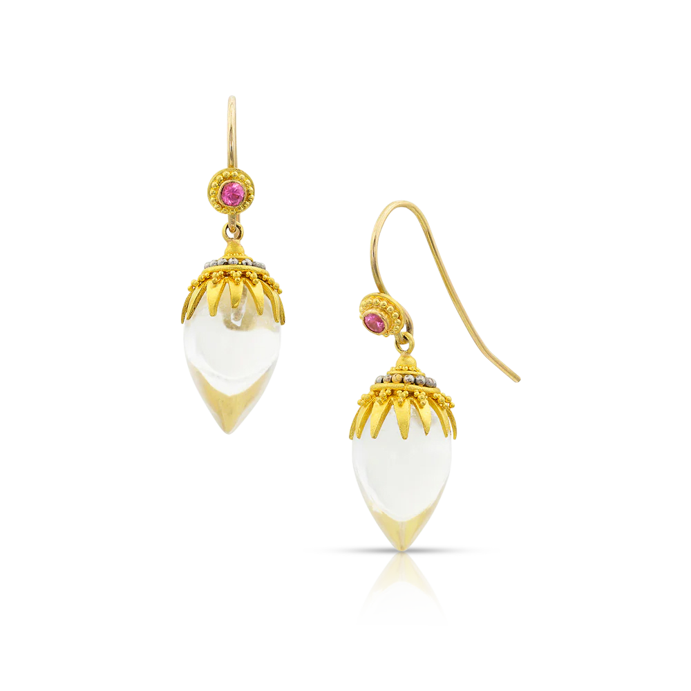 Hand carved tear shaped crystal drops are set with beautiful "spider" style granulated caps that gently swing from bright pink spinel set French hook ear wires. Full of movement, these earrings display a tableau of minute granules in gold and polished platinum inspired by the craft and metalwork of the ancient Etruscans, whose granulated jewelry featured ornate and complex patterns and scenes. Handmade from recycled 18 & 22k gold and platinum, rock crystal (20.2ct) and Burmese spinel (.13ct). Made to order.
