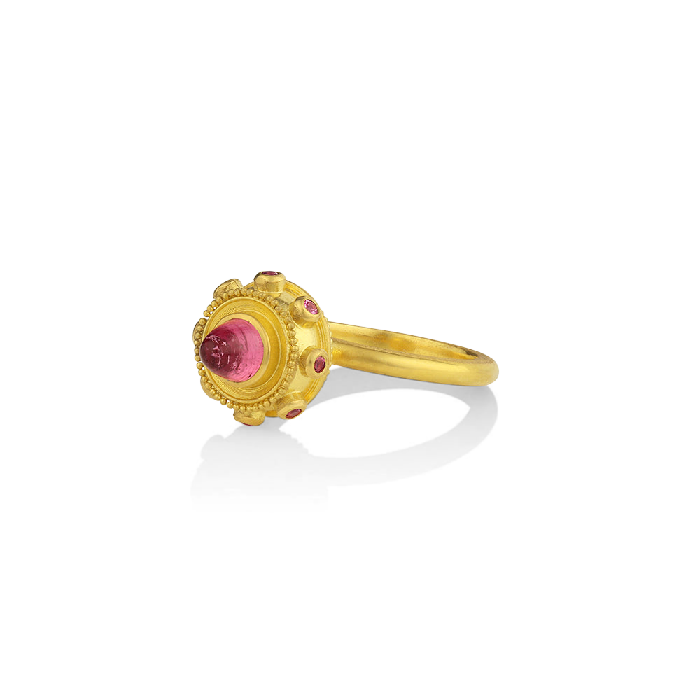 Angled front view of Rosa Orb ring.