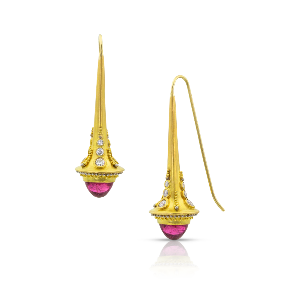 Deep pink rubellite tourmaline cabochons are set lantern-like at the base, surrounded by rows of gold and reflective polished platinum granulation. Diamonds draw the eye upwards, nestled between columns of graduated gold and platinum granules. 18k French ear wires. These are statement earrings. One-of-a-kind. Made from recycled 18k & 22k yellow gold and platinum, Brazilian rubellite tourmaline (5.72ct) and Canadian diamonds (VS, F-G .72ct.) Length approximately 42 mm or 1.65 in.