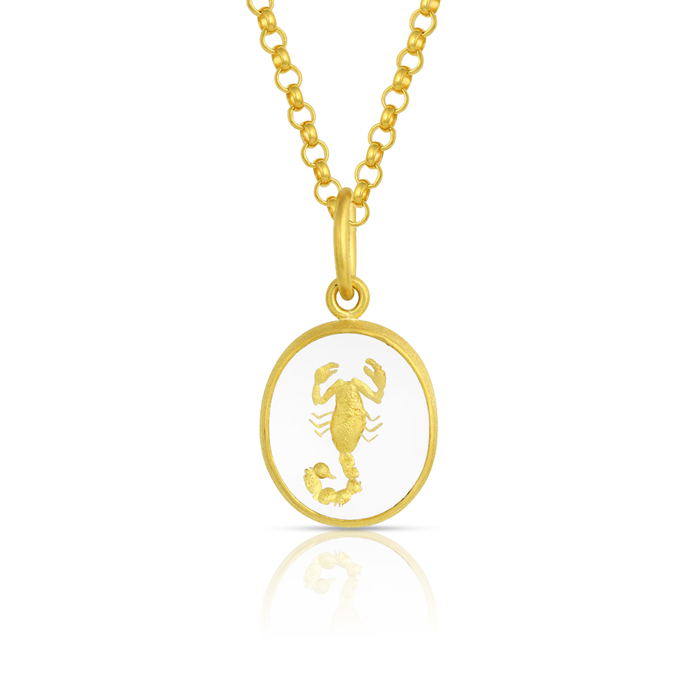 The Scorpion charm shown on a gold chain. Chain is available separately.