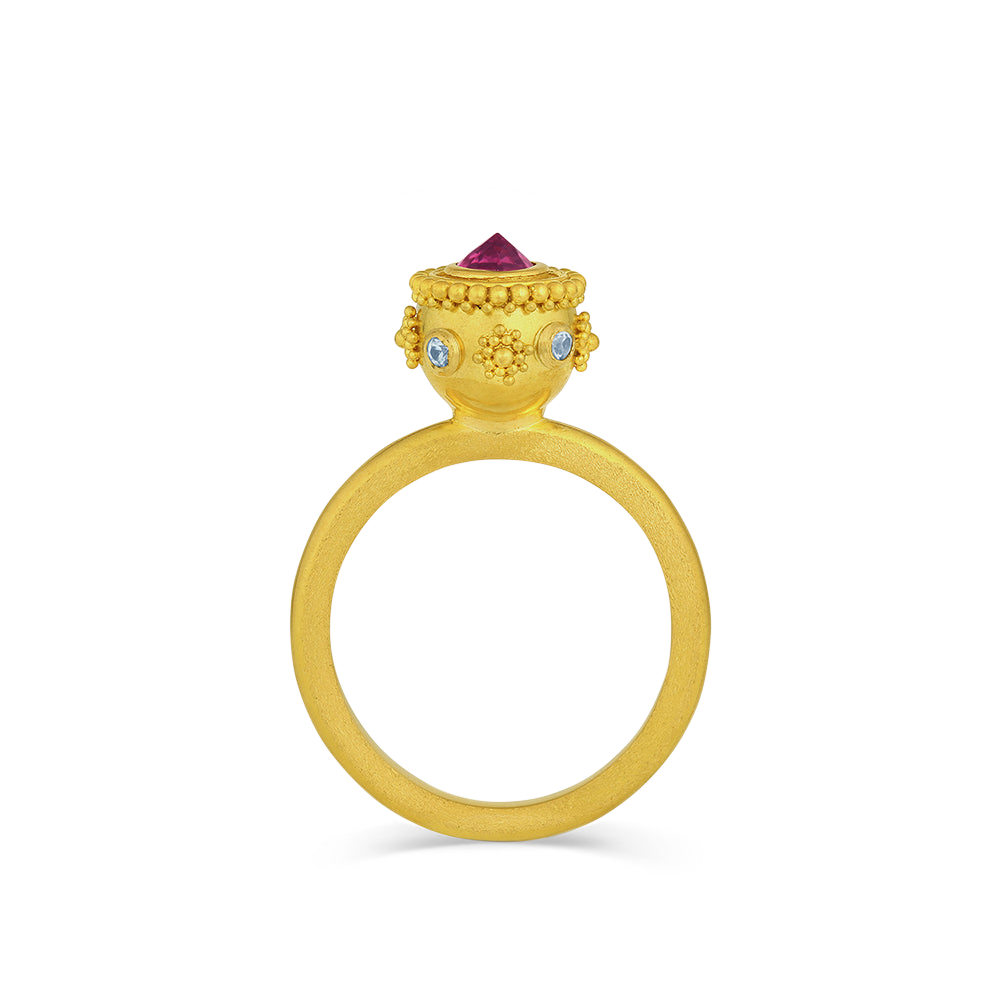 SIde view of rhodolite garnet Sfaira ring.