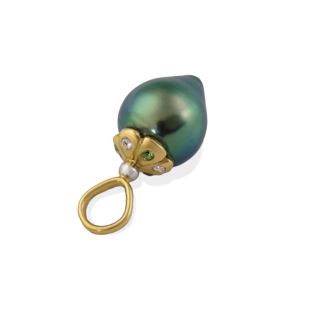 This iridescent silvery green teardrop pearl with shimmering blue overtones has a polished gold flower-shaped cap set with sparkling green tsavorite garnets and glittering diamonds on alternating petals. Length approximately 22mm, width 9.9mm (L .9in W .4in) Made from recycled 18k gold and platinum, a 9.95x11.8mm cultured Tahitian pearl, Canadian diamonds (.02ct VS G) and Kenyan tsavorite garnets (.05ct). The chain is available separately.