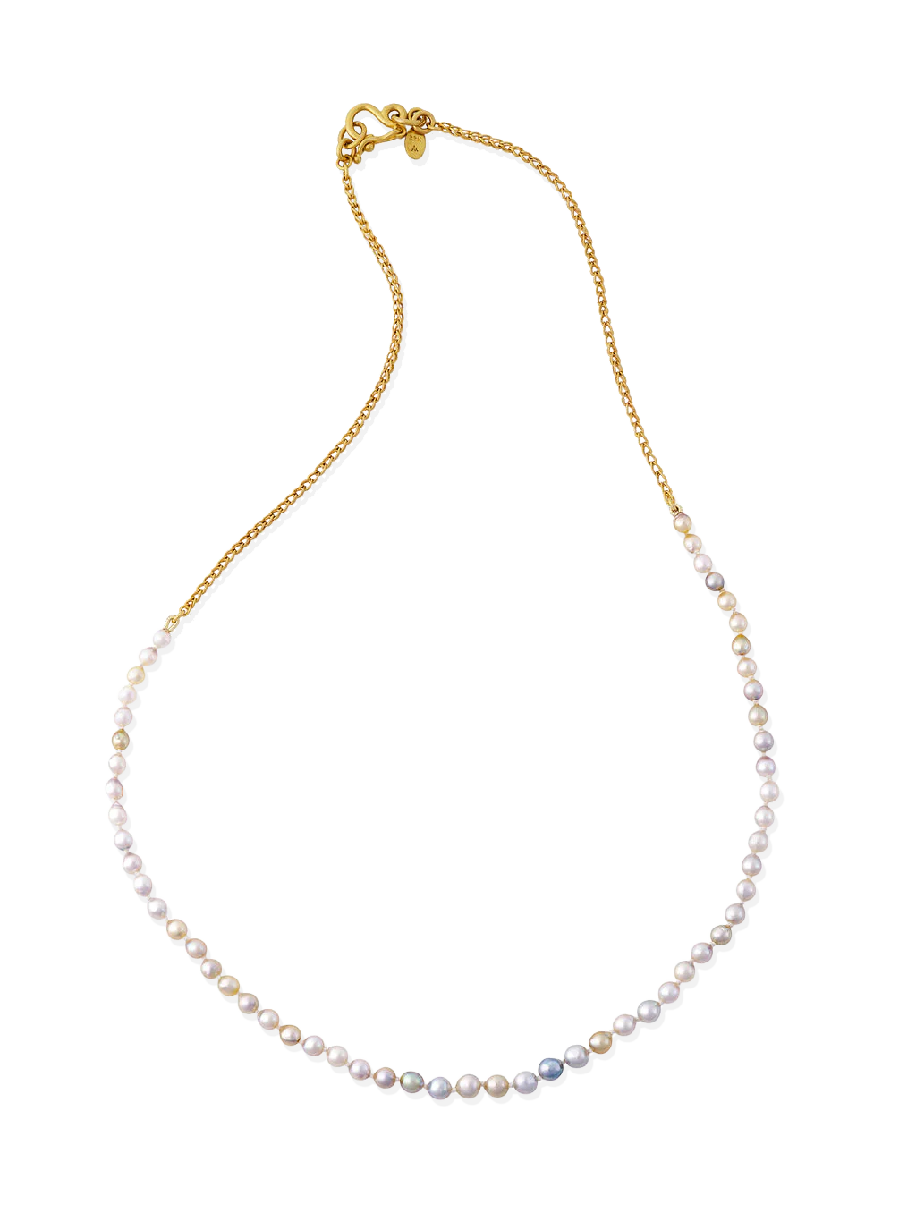 Multi-colored Akoya pearls are combined east-west style with our hand woven single loop-in-loop Athena chain, fastened with our signature S clasp. Length 19 inches. If you would like a different length, please contact us at concierge@atelierwolff.com and we would love to make your strand up for you.

Made with recycled 22k yellow gold and cultured 3-4.5mm Japanese Akoya pearls. Knotted on silk.