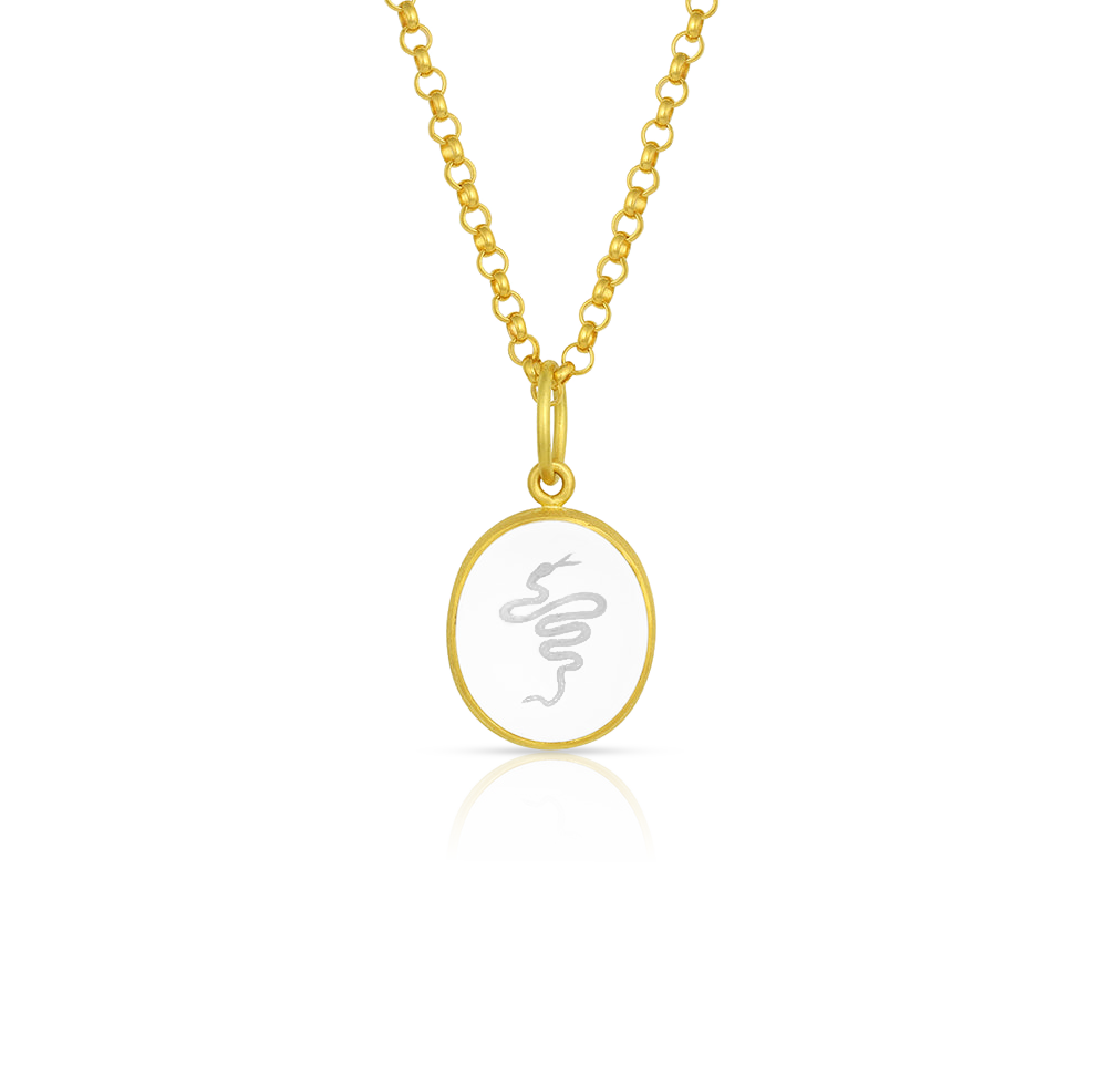 The Snake charm shown on a gold chain.