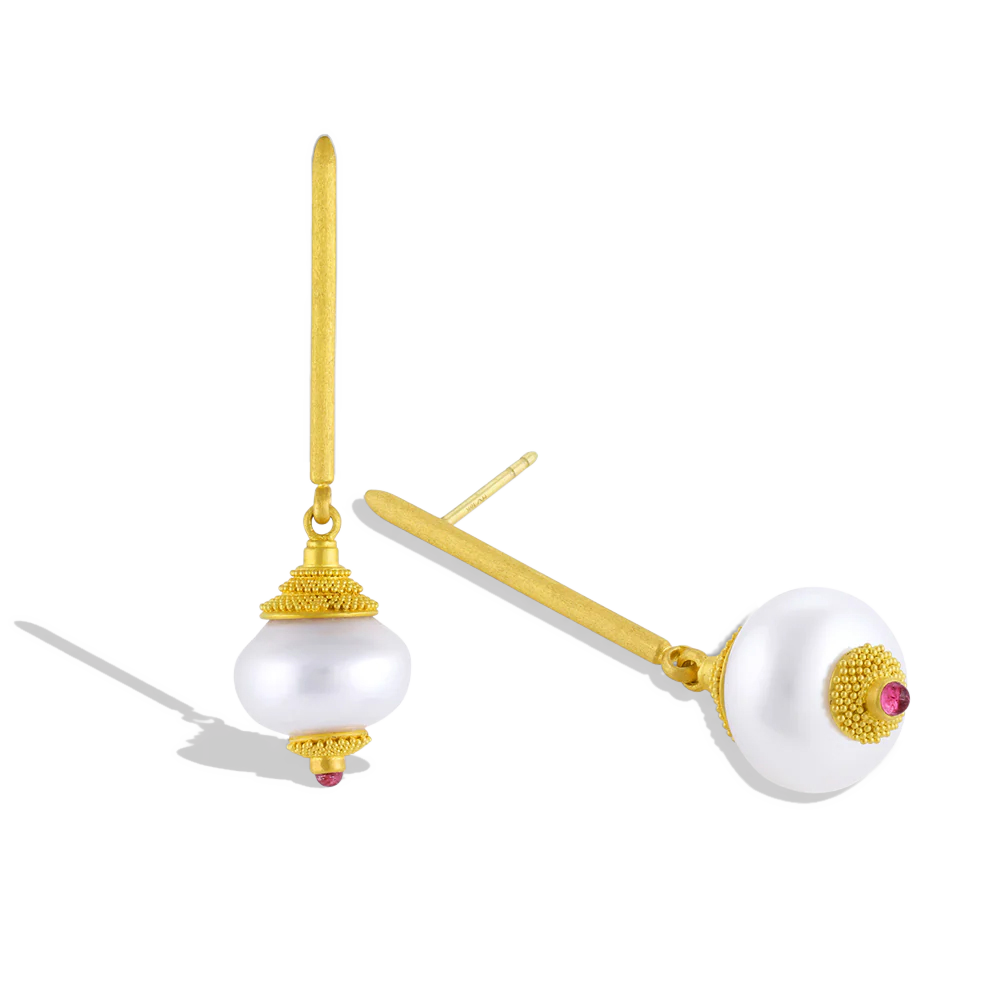 Additional view of the South Sea Pearl Stick earrings with pink tourmaline.