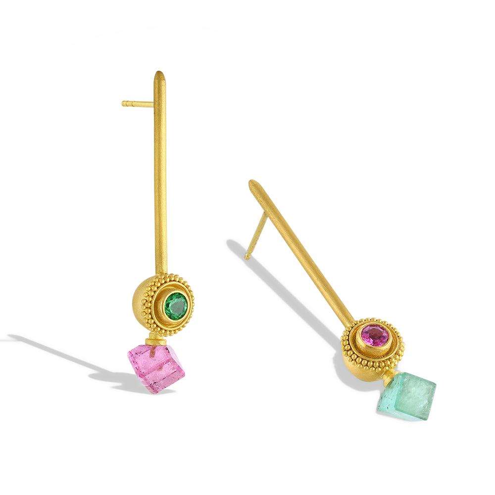 Spring is here in these beautiful golden spheres edged with a ruff of granulation, set with fresh, spring green tsavorite garnet and pink tourmaline. Long, elegant brushed golden sticks allow the spheres and cubes to swing gently from the ear, making these earrings unique and striking. Length approximately 44.7mm W 8.8mm (L 1.7in W .35in).

Made in recycled 22k yellow gold, Brazilian tourmaline (4.78ctw), Kenyan tsavorite garnet (.28ctw) and That spinel (.22ctw).