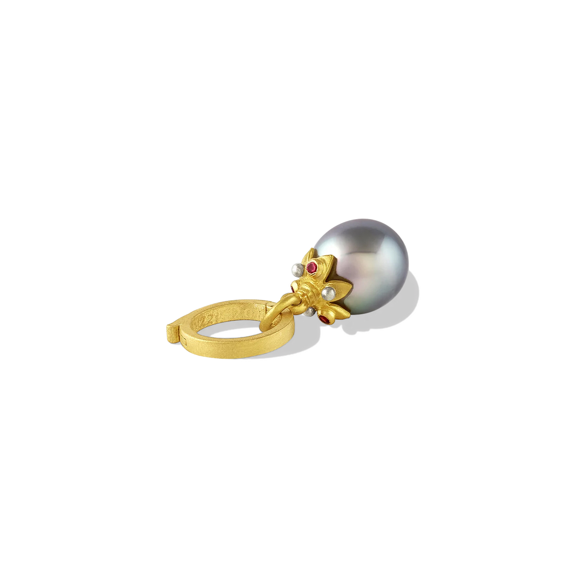 A very special luminous silver blue Tahitian pearl with pink overtones is capped with a mellow, buttery gold cap highlighted by hot pink spinel and platinum granulation. A 20k gold clasp is included. Length approximately 25mm, width 9.6mm (L 1in W .37in).

Made from recycled 22k and 20k gold, responsibly sourced gems and cultured Tahitian pearls. The chain is available separately.