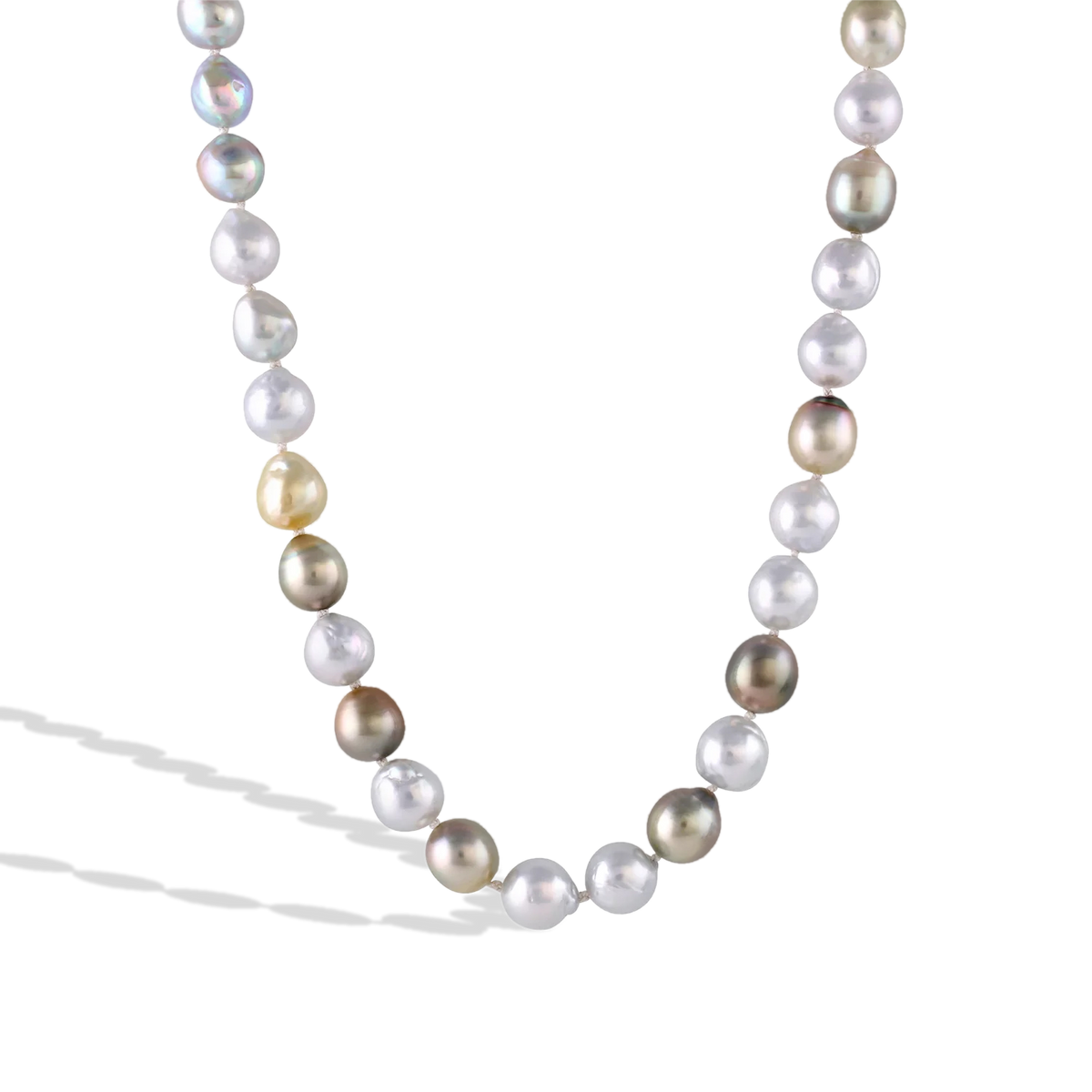 Soft pistachio Tahitian and pastel Akoya pearls combine in this beautiful one-of-a-kind pearl strand. An antique clasp sprinkled with glowing blue green tourmalines (0.15ct) compliment the pearls' pistachio and soft silvery grey and blue tones. 

Length 16 inches.
Made with recycled 22k yellow gold, cultured 8x10mm Tahitian and Japanese Akoya pearls and responsibly sourced gemstones. Knotted on silk. Pendant is available separately.