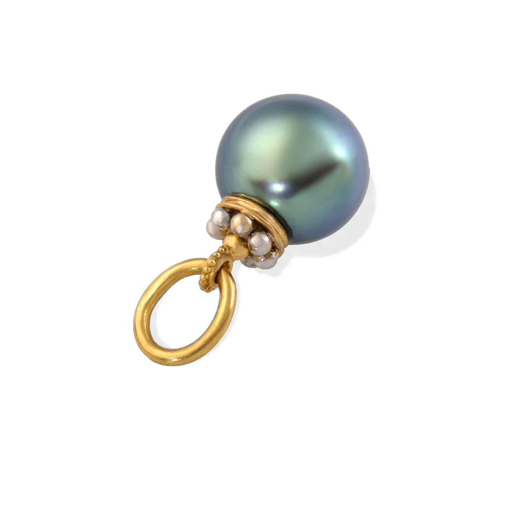 A miniature crown of gold and polished platinum "jewels" adorns this perfect egg-shaped shimmering silvery green pearl. Wear with your favorite chain and other charms or by itself for a regal look. Lovely with a fitted tee or crisp button down or favorite dress. Length approximately 23mm, width 11.8mm (L .91in W .5in).

Made from recycled 22k gold and platinum and a 11.8x11mm cultured Tahitian pearl. The chain is available separately.