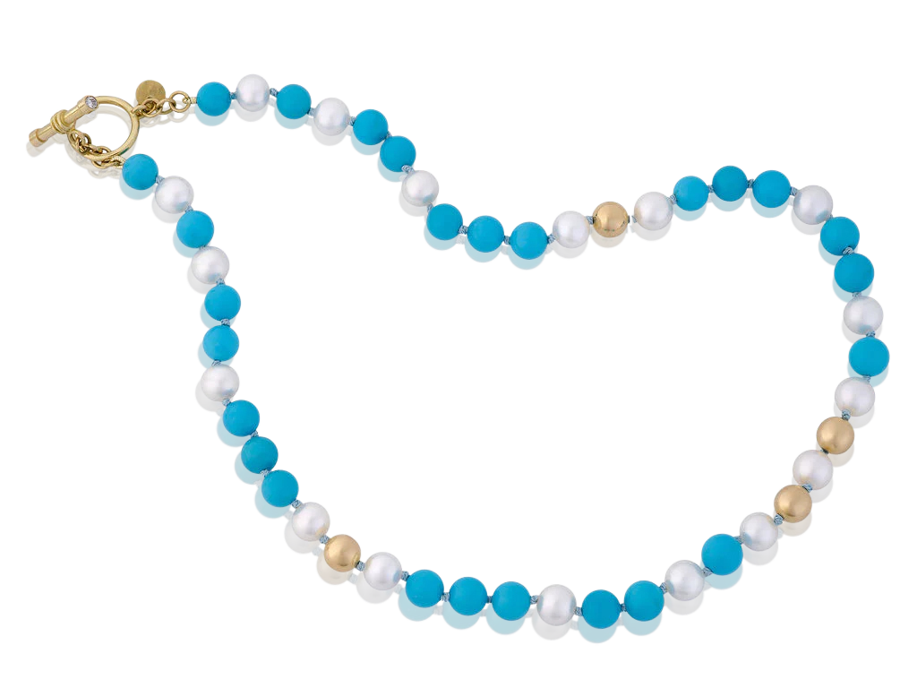 Robin's egg blue turquoise from the fabled Sleeping Beauty mine in Globe, Arizona, strung alongside glowing white pearls interspersed with round gold beads are reminiscent of breezy summer days on Capri surrounded by azure seas. This choker style necklace converts to a double stranded bracelet (size 7). Length 14 inches. Made with recycled 18k yellow gold, Sleeping Beauty turquoise (34ct), 6mm cultured freshwater pearls and Canadian diamonds (VS F .06ctw). Knotted on silk.