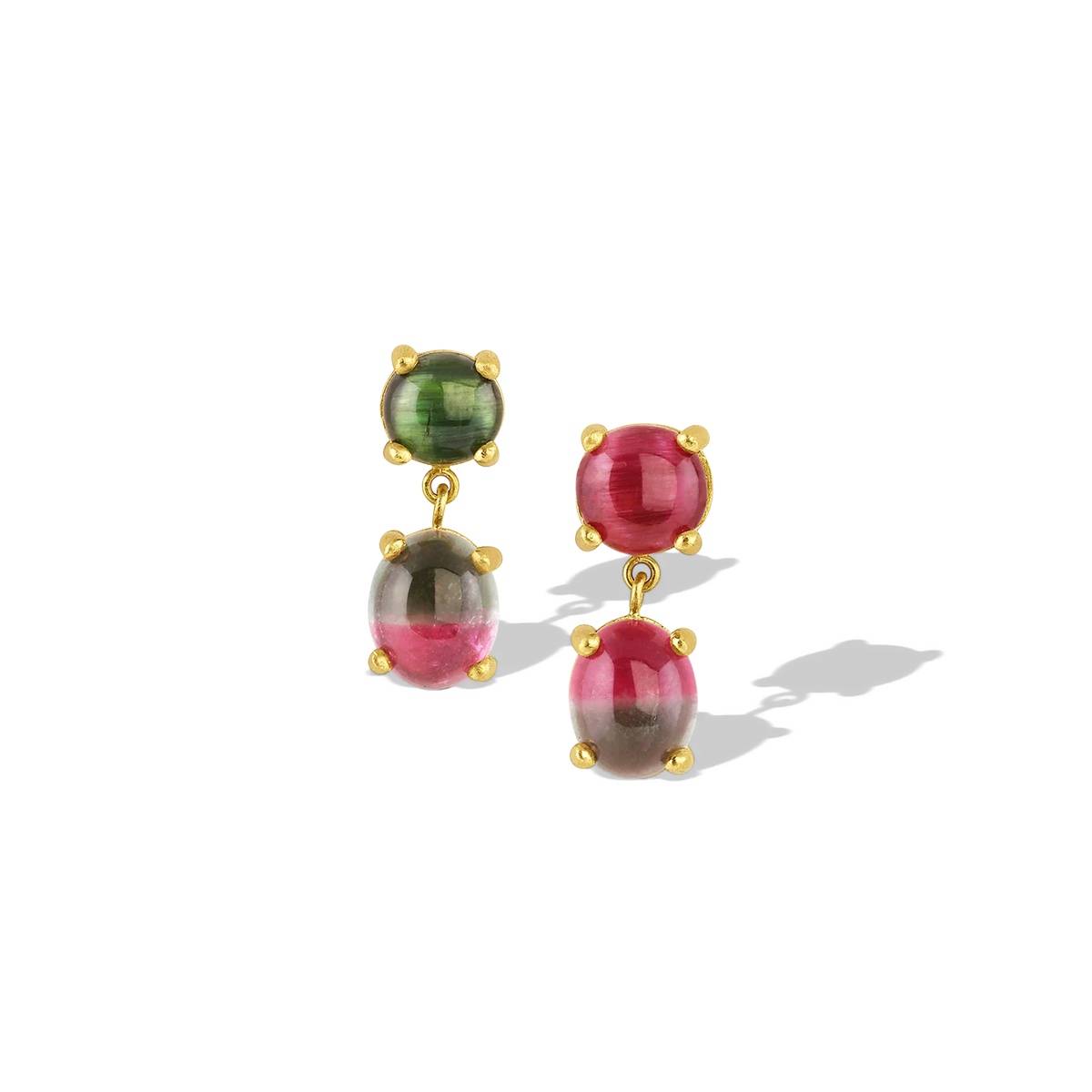 Mismatched bookend cut Brazilian watermelon tourmalines complimented and highlighted by cat's eye pink and green tourmalines, also from Brazil. Set in our signature hand finished gold. Length approximately 22 mm W 8.7mm (L .8in W .34in).

Handmade with recycled 22k gold, Brazilian Cat's Eye tourmaline (3.95ctw) and Brazilian bi-color tourmaline (6ctw).

One-of-a-kind.